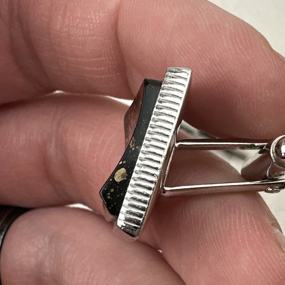Vintage Anson Cufflinks & Tie Clip Set Silver Black Gold Turquoise Flakes